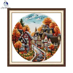 Joy Sunday Cross Stitch Kit Autumn Streets HD 16/14/11CT Counted Printed Canva DIY Hand Embroidery Kit Room Decoration DIY Craft