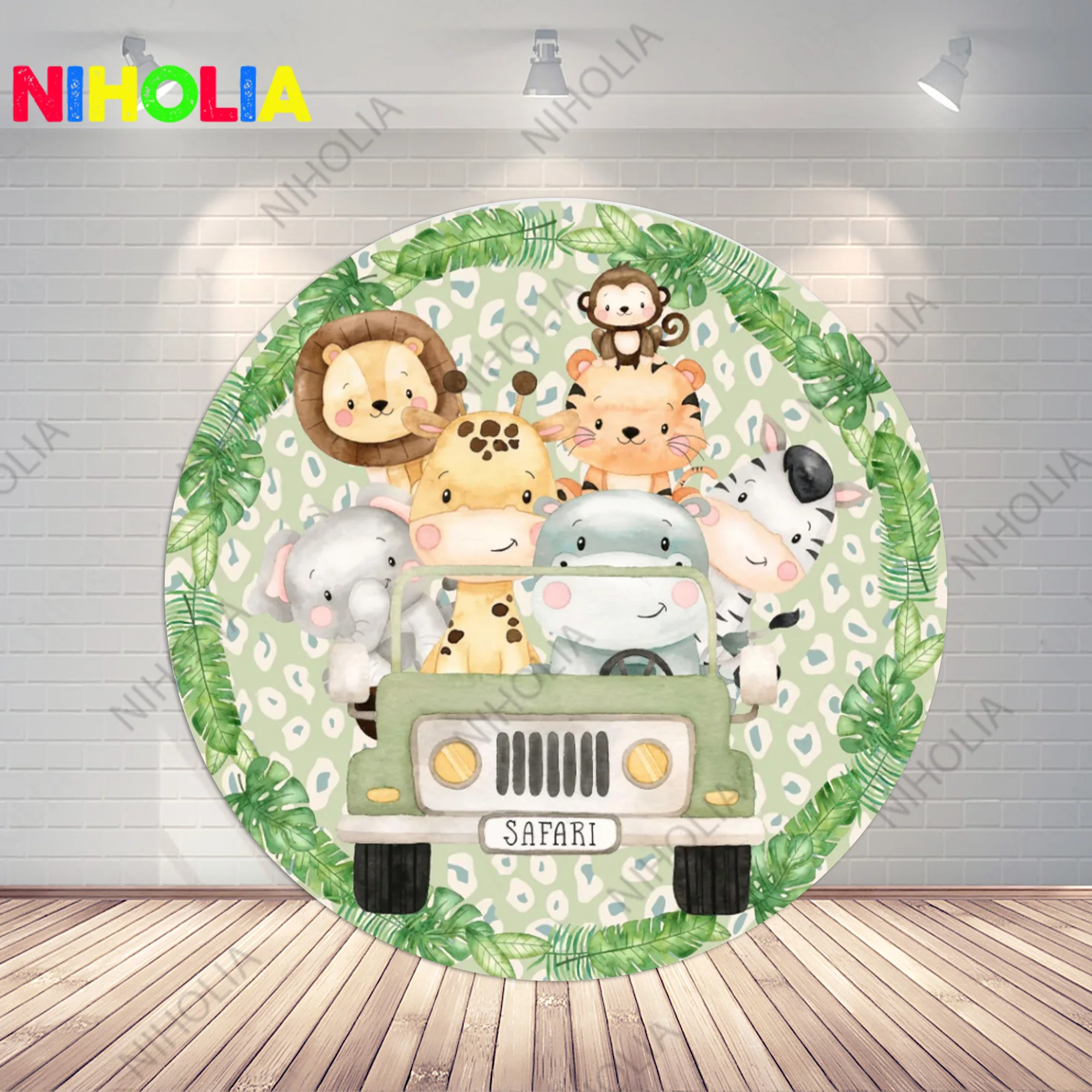 Niholia Safari Animals Round Photo Backdrop Kids Birthday Party Decoration Baby Shower Circle and Cylinder Covers