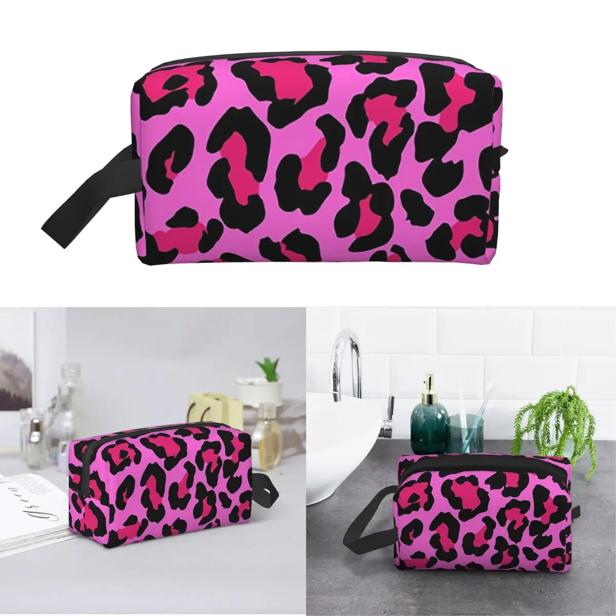 Neon Pink Leopard Print Cheetah Pattern Makeup Bag Cosmetic Organizer Storage Dopp Kit Toiletry Cosmetic Bag for Women Beauty