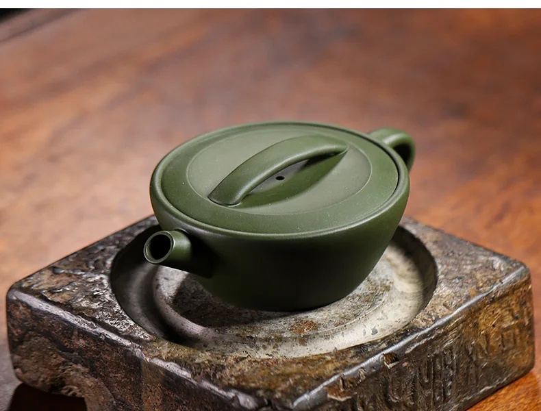 Yixing Zisha Yipianwa Teapot, Green Clay, Wide Mouth Flat Single Teapot, Cannon Spout, Handmade 160cc Gongfu Tea Ware
