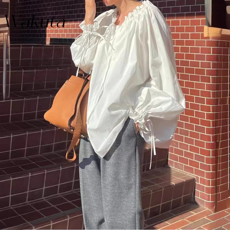 

WAKUTA Spring/summer Fashion Solid Lace Senior Long Sleeve Simple Blouses Japanese Casual Commuting Versatile Shirts ブラウス シフォン