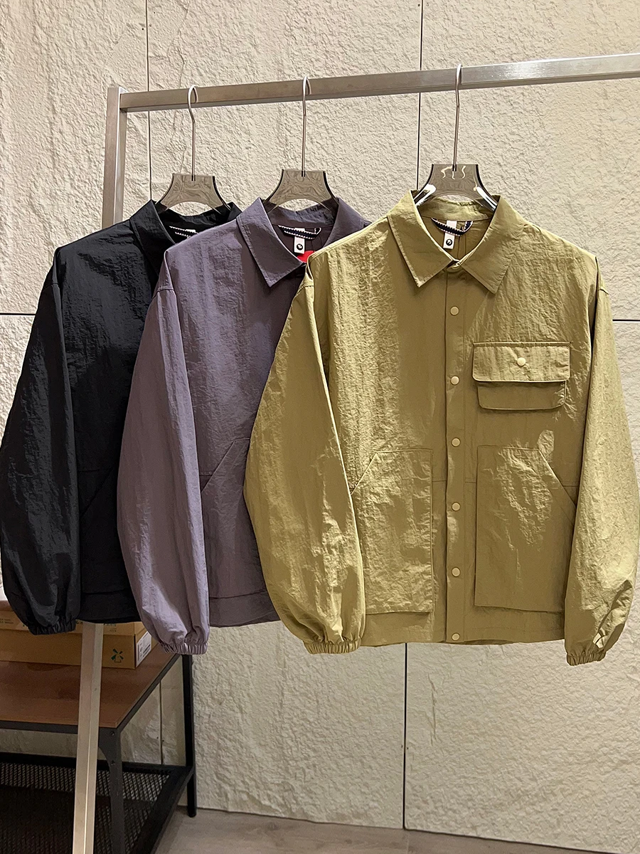 Lightweight Pleated Design Men's Outdoor Casual Work Shirt Jacket Thin Outerwear Autumn Season Standard Fit Polyester Fiber