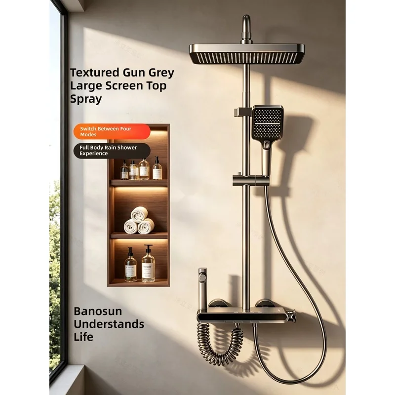 Premium copper shower set with pressure boost, home-use piano-key design, for bathroom and shower, constant-temperature bathi...