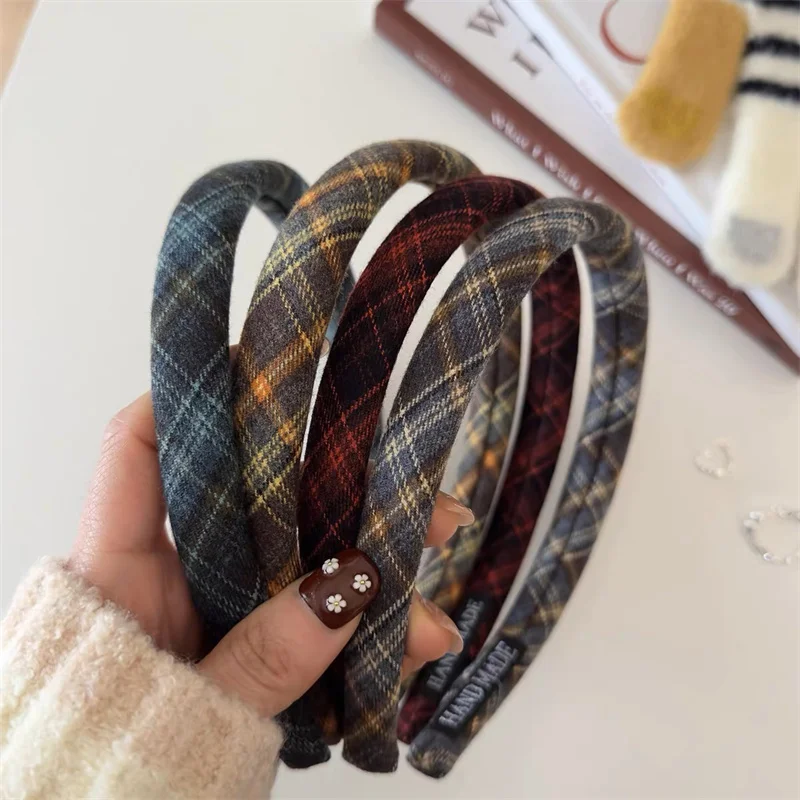 AISHG French Retro Sponge Headband Women College Style Plaid Hair Band Elegant Temperament Hoop Hairband Girls Hair Accessories