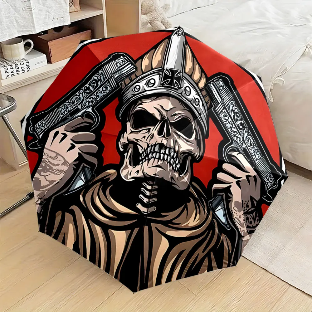 1PC Skull-themed graphic umbrella with artistic handgun designs Print 8 Iron Ribs Folding Umbrella Auto-Open Fashion Sunshade