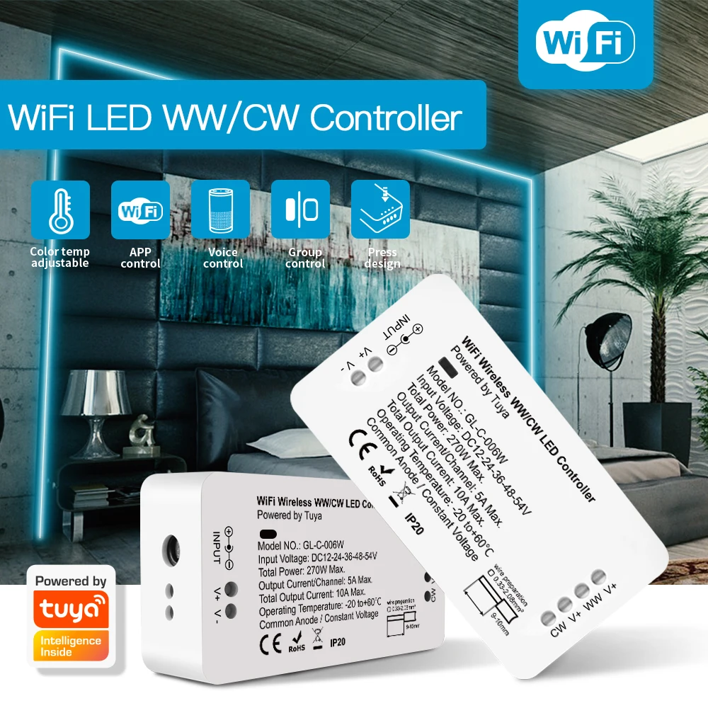 WiFi  WWCW LED Controller, CCT DC12-24V Tuya Smart Life App Voice Control Warm Cold White Dimmable Strip Light