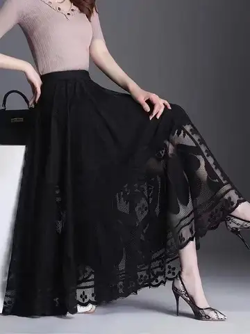 Plus Size Women Lace Skirt Women Niche Autumn New Mid-length Skirt with Large Hem Mesh and Empty Elegant Pleated Vintage Skirt
