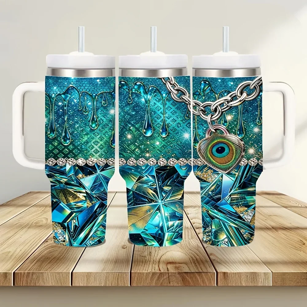 40Oz Insulated Tumbler with Handle, Featuring Blue Glam Diamond Drip And Peacock Eye Chain Print, Suitable for Daily Use And Outdoor Trips, Keeping Hot And Cold Drinks at Perfect Temperature for All Occasions