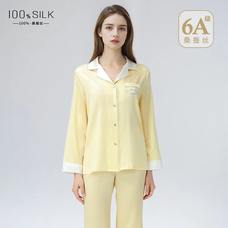 

New Autumn Winter Women's 100% Mulberry Silk Long Sleeved Pants 2PCS Pajamas Set Soft 19mm Silk Loungewear Outdoor Casual Wear
