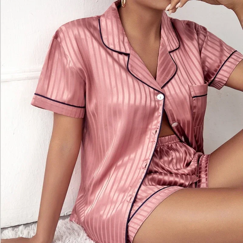 Pajama Set Women\'s Striped Silky Satin Pajamas Short Sleeve Top with Shorts Sleepwear PJ Set Underwear New Pijama De Seda Mujer