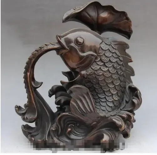 

12"Chinese Folk Fengshui Bronze Lotus Leaf Fish Senet Guttation Fountain Statue