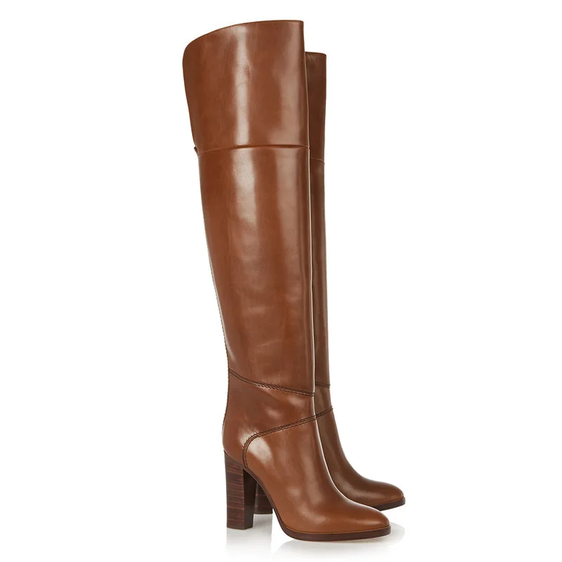 Brown Leather Chunky Heel Women Long Boots Brand Design Large Size Over the Knee Boots Celebrity Banquet Shoes Dropship