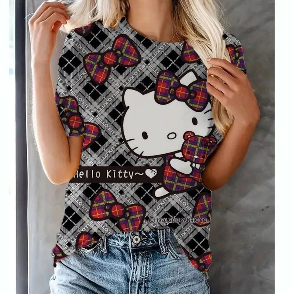 Hello Kitty Tops Trend Clothing Women\'s T shirts Fashion Streetwear Woman Tees Short Sleeves T-shirt Casual Girls Bow knot Top