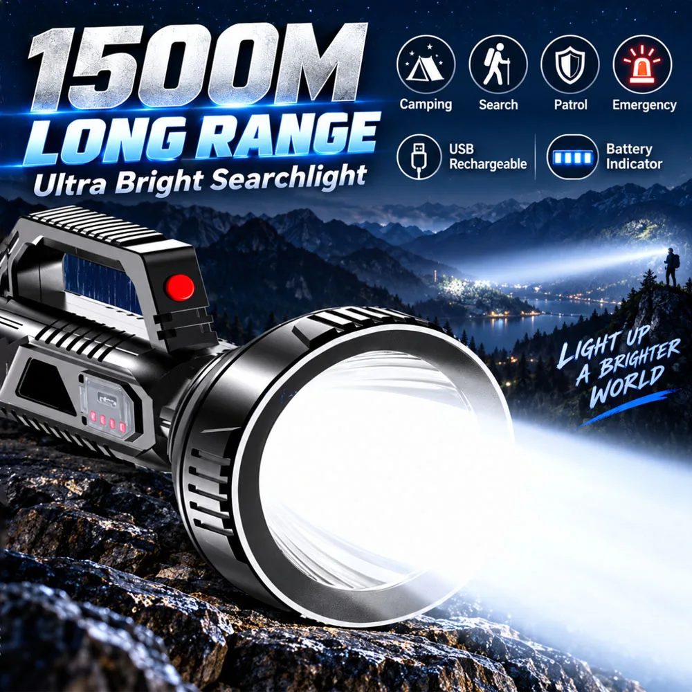 Portable Camping Searchlight High Lumen Long Range LED Handheld Spotlight with Solar Charging & USB Cable Rechargeable Bright