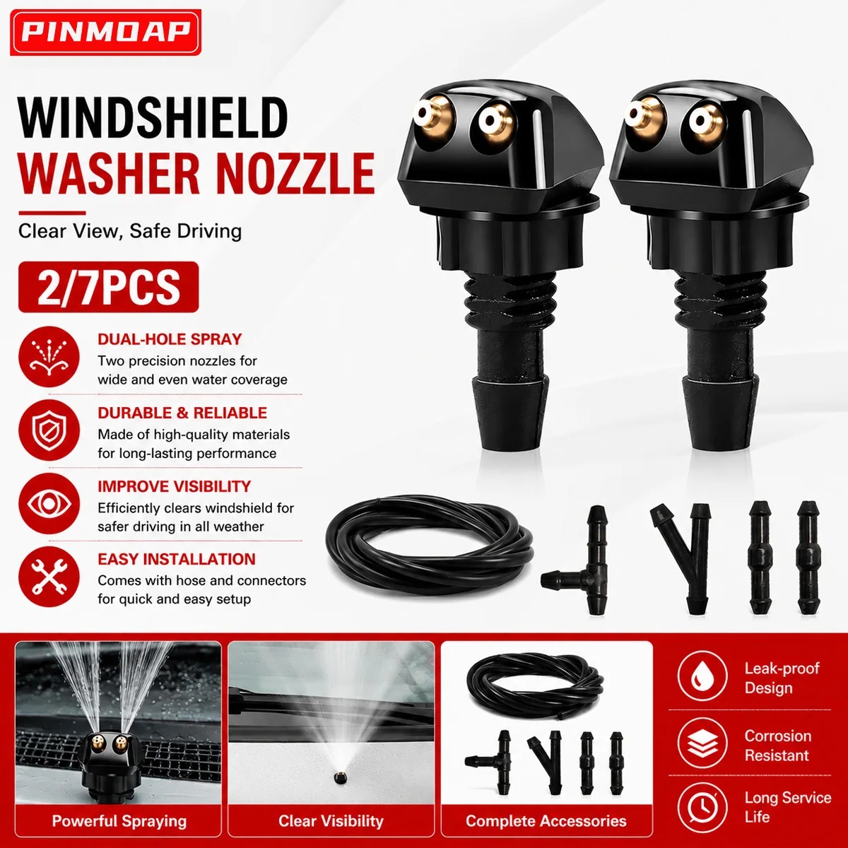 PINMOAP Dual Hole Spray Nozzle For Car Windshield Washer Nozzle Kit With Hose And Connector Spray Nozzle ABS Material 2/7PCS