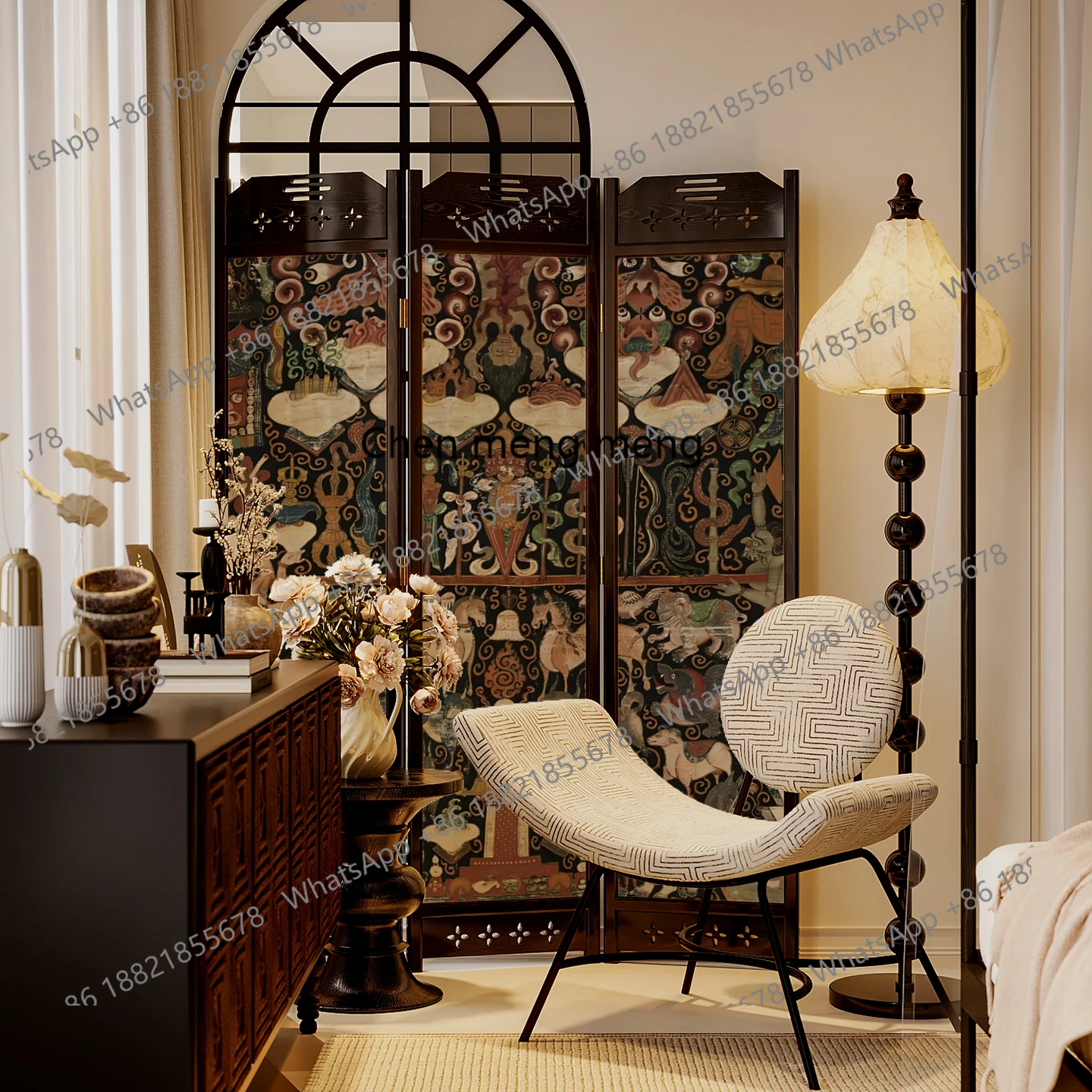 French solid wood screen partition living room dining room sofa background decoration entrance retro folding screen