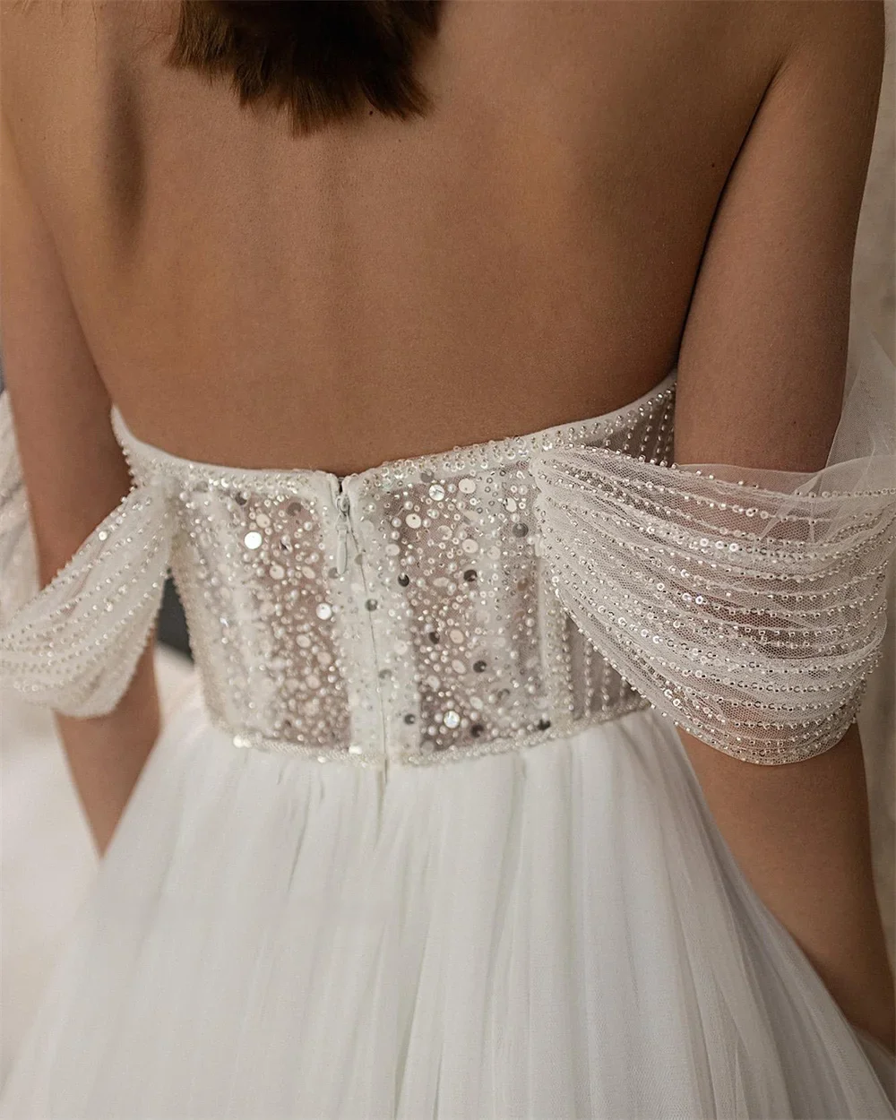 Robe de mariée Sexy, épaules dénudées, manches longues, chérie, perles scintillantes, personnalisée, élégante, ligne a