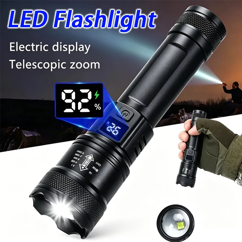 Wiederaufladbare LED-Taschenlampe, zoombare Taschenlampe mit LCD-Display, 3 Modi, wasserdicht, leistungsstarkes Handlicht, Outdoor, Wildnis, Camping