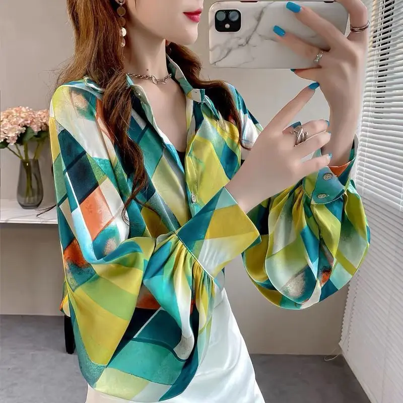 Women\'s Summer New Blouses Fashion Chic Printed Plaid Polo Collar Loose Original Design Lantern Sleeves Single-breasted Shirts