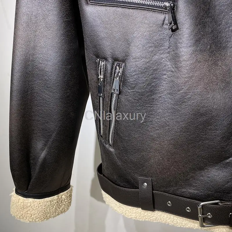 CNlalaxury Autumn Winter Women Faux Lamb Fur Leather Jacket With Belt Streetwear Female Zipper Loose Moto Biker Coat Outwear