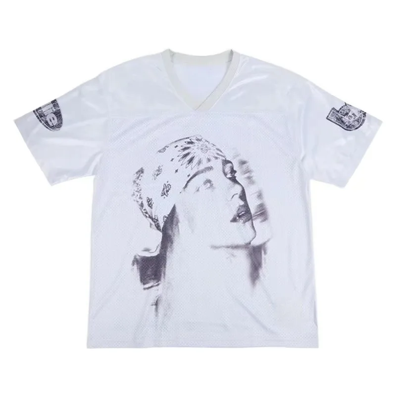 2026 Summer Unisex V Neck Jersey T-Shirt Breathable Mesh Short Sleeve Casual Streetwear Retro Sports Tee for Fans Casual T-Shirt