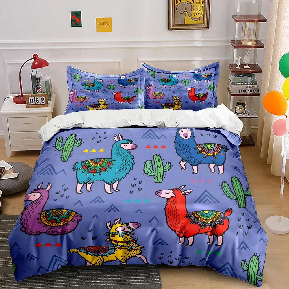 Cartoon llamas with cactus background Print Bedding Set 1 Duvet Cover 2 Pillowcases for Adult and Children Luxury Gift Full Size
