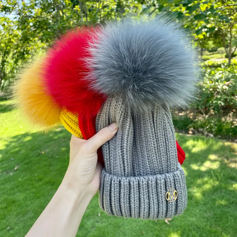 Fur Pompoms Hat Fashion 2022 Real Fox Fur Ball hats Winter Hat Cap Kids Boy Girl Aldult Keep Warm Big Fur Pom Poms Ski Hat