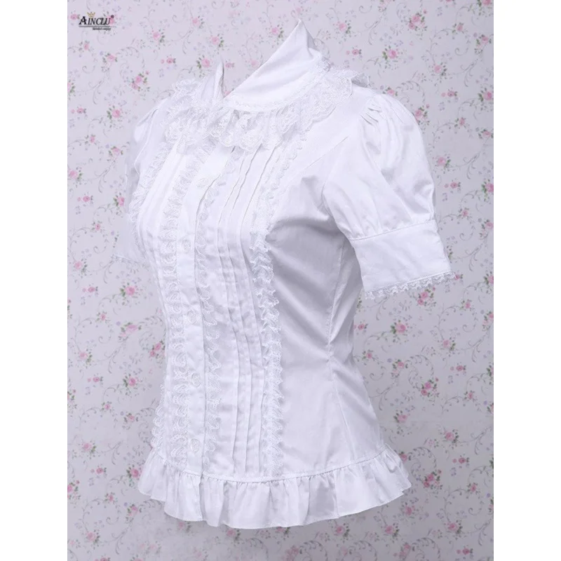 Ainclu Algodão Branco Babado Renda Renderização e Desgaste Exterior Blusa Lolita de Mangas Curtas Plus Size