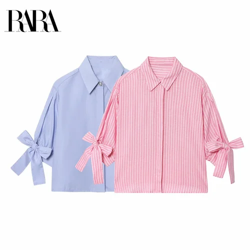 RARA2025 nueva camisa corta de popelina decorada con lazo sencillo y holgado a la moda informal de verano para mujer