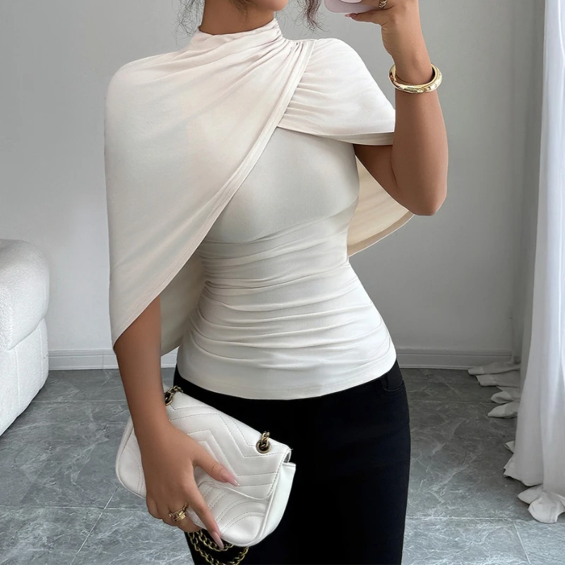 

Elegant Premium Solid Color Shawl Short Sleeve T-Shirt Women's 2025 Autumn/Winter