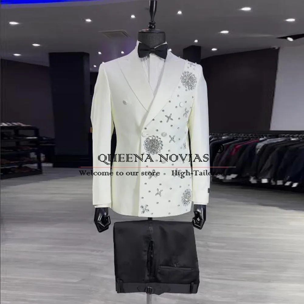 Man Double Breasted Suits Men Slim Fit Diamond Beaded Prom Blazers Customized 2-Piece Groom Formal Occasion Dress costumes homme