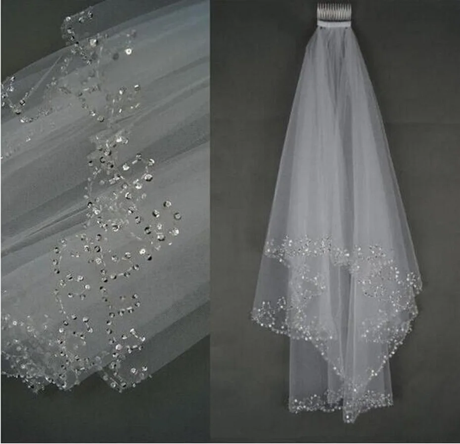 Velos de novia de marfil blanco para mujer, 2 capas, 75CM, borde de cuentas hecho a mano con peine, accesorios de boda