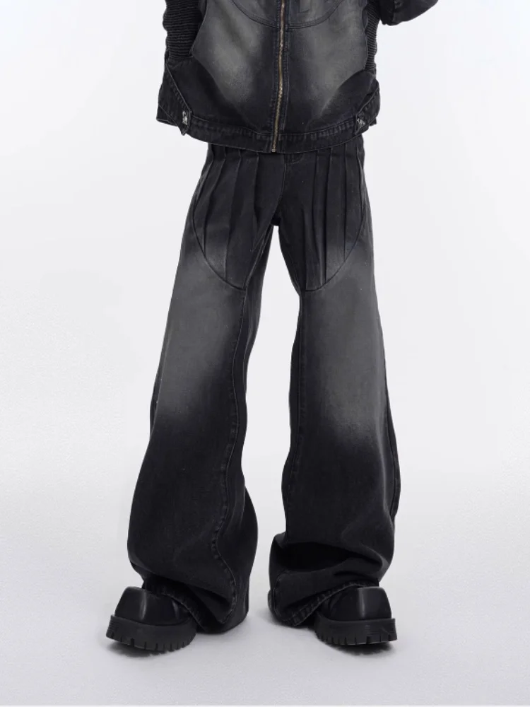2026 Punk Y2K Stil Vintage Blaue Plissierte Baggy Jeans für Herren – Luxuriöse Straight-Leg Denim-Hose Pantalon Homme – Detail 6