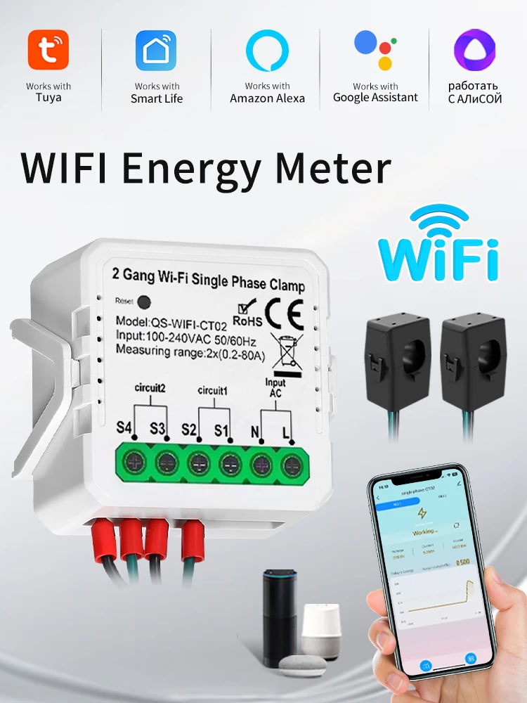Tuya – compteur d'énergie Wifi intelligent, 1CH 2CH, pince de transformateur de courant 80A, système solaire photovoltaïque, moniteur de consommation de Production d'énergie 100-240V