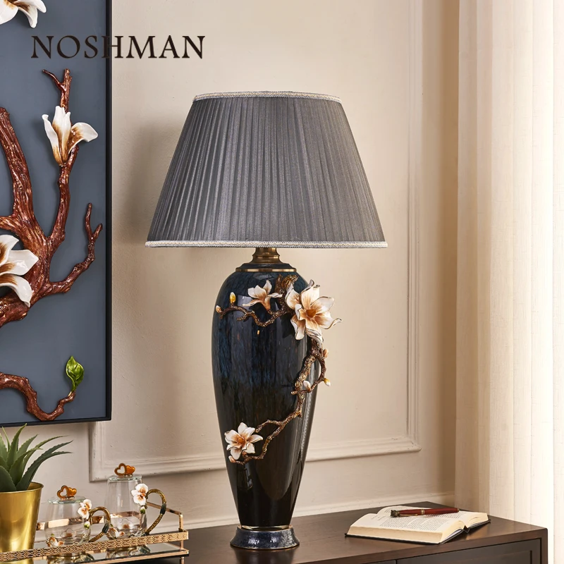 Handpaint Cloisonne Enamel Modern Hotel Bedroom nordic magnolia Flower Reading Led Crystal Shade Luxury Table Lamp