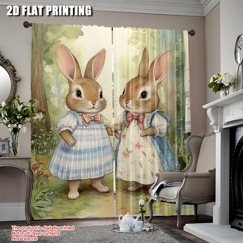 

2Pcs Victorian Rabbit Sisters Curtains Featuring A Pair Of Young Bunnies In Dresses Home For Living Room Bedroom Or Kitchen