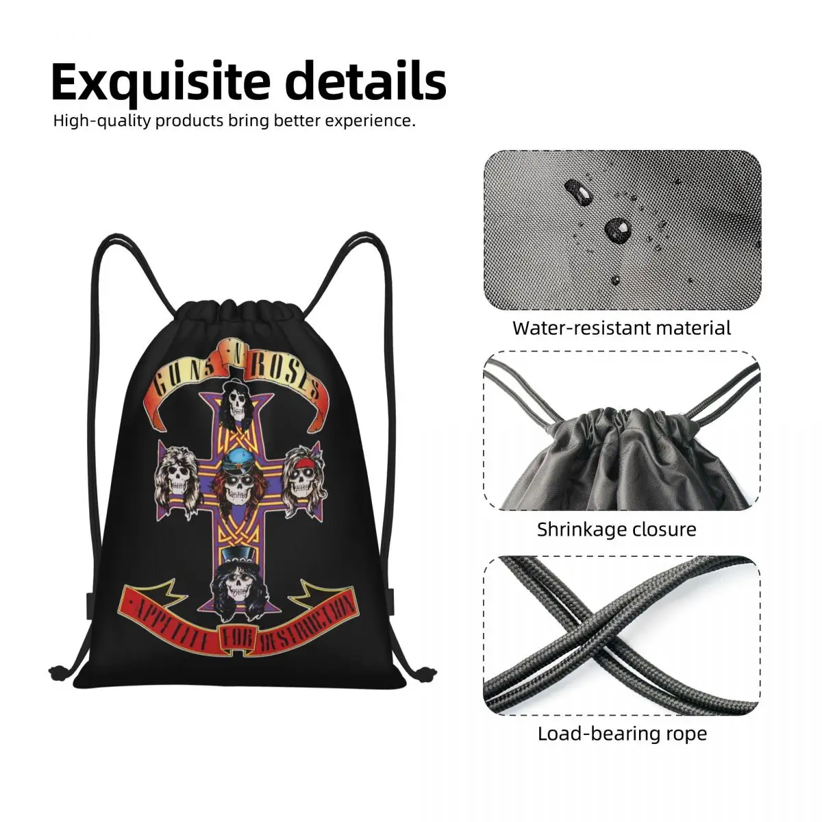 Hard Rock Band Guns N Roses Drawstring Backpack Women Men Gym Sport Sackpack Portable Bullet Logo Shopping Bag Sack