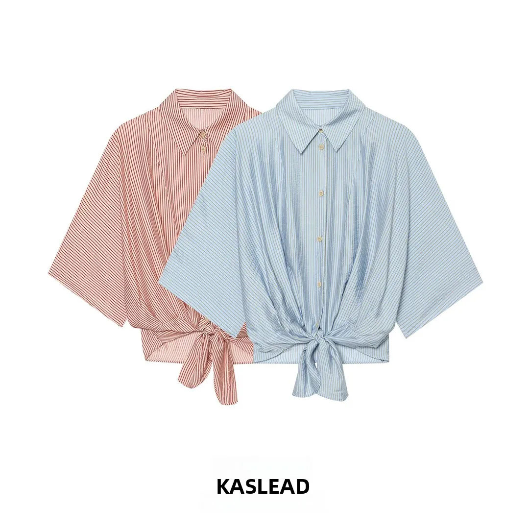 Fashionable Striped Shirt with Knot Decorations Versatile Women's Clothing New Arrival KASLEAD Breathable Polyester Fiber