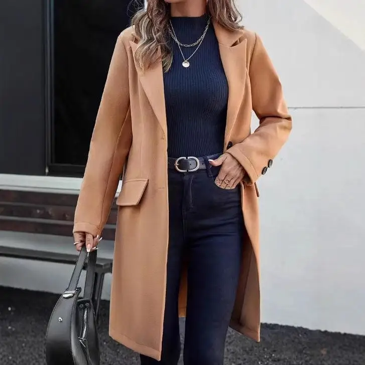 Ele Faionable Wełniany Płaszcz Damski Długi Jednorzędowy z Klapami Średniej Długości Casualowa Odzież Wierzchnia Jesień Zima Damska F...