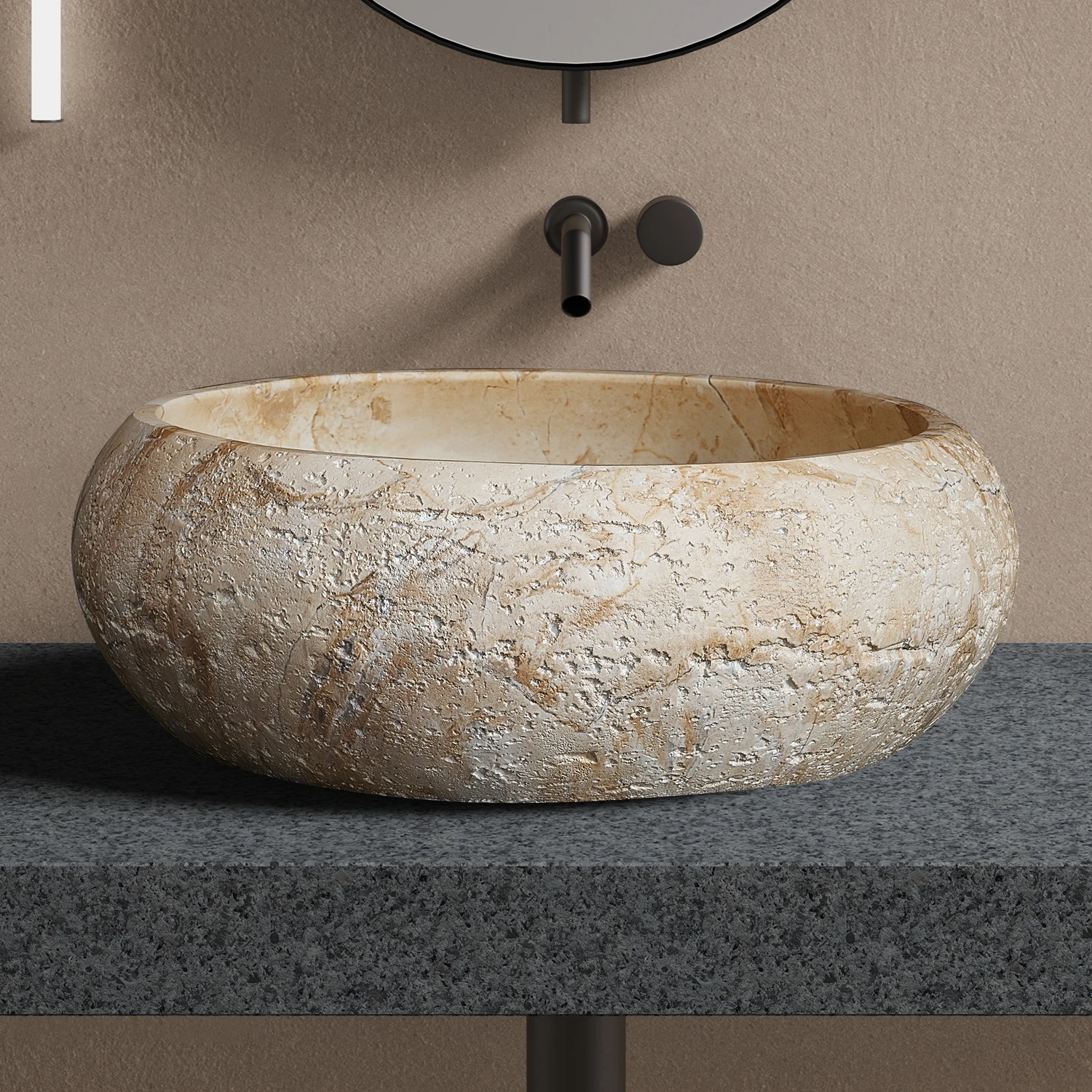 Modern Yellow Travertine Bathroom Sink Customizable Polished Surface Artificial Stone Wash Basin Counter Mounted Bathroom Basin