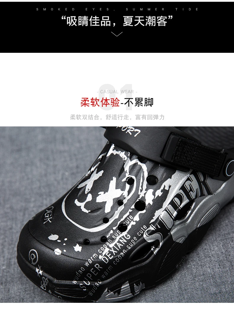 Bedruckte Clogs für Herren, Sommer-Outdoor-Schuhe, Rutschfeste Doppelfunktions-Sandalen mit Dicker Sohle, Herren-Strand-Zehensteg-Slipper – Detail 4