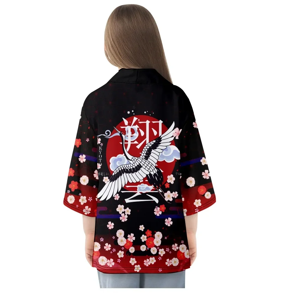 Japanese Crane Print Women Kimono Asian Traditional Toga Haori Fashion Clothing Summer Beach Yukata Cardigan Men Oversized Tops