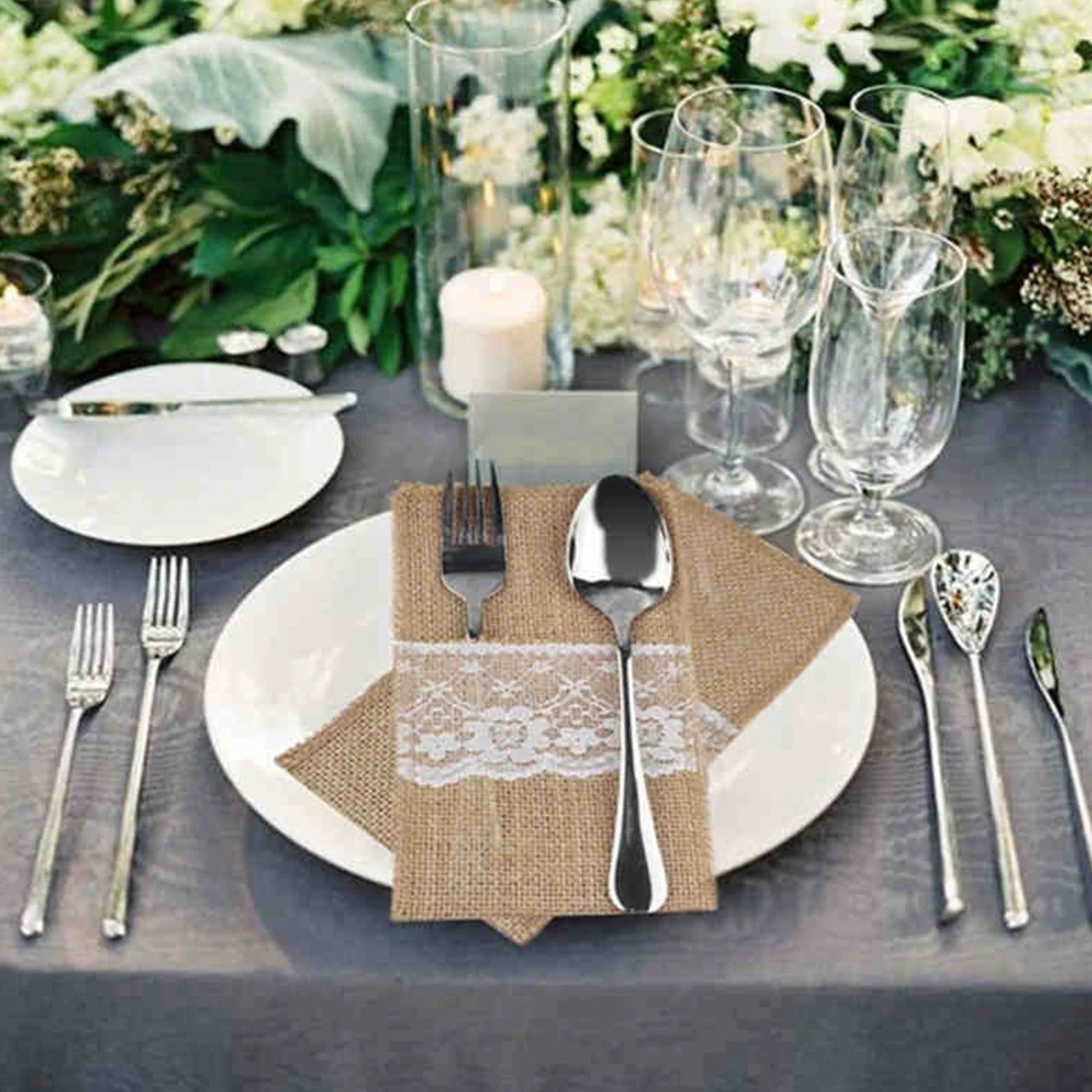 

8pcs Cutlery Bag Lace Tableware Storage Utensil Holder Silverware Spoon Rest EcoFriendly NonFading Wedding Banquet Party