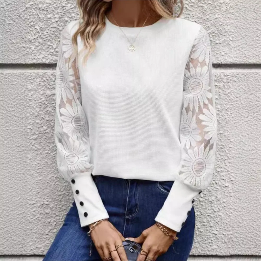 Women Casual White Sweatshirt 2024 Solid Color Long Sleeve Embroidered Lace Hollow Splicing Waffle Round Neck Hoodie OL Clothing