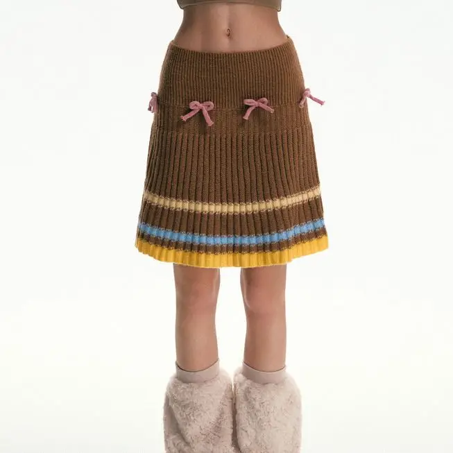 Spring and Autumn Color Matching Vintage Wool Bow A-shaped Skirt Minority Design Sweet Joker Sweater Skirt