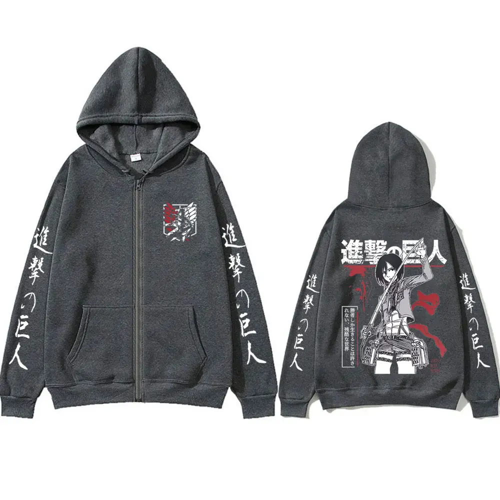 Japanese Anime Attack on Titan Mikasa Ackerman Merch Zipper Hoodie Men Women Manga Cosplay Oversized Zip Up Jacket Sweatshirt