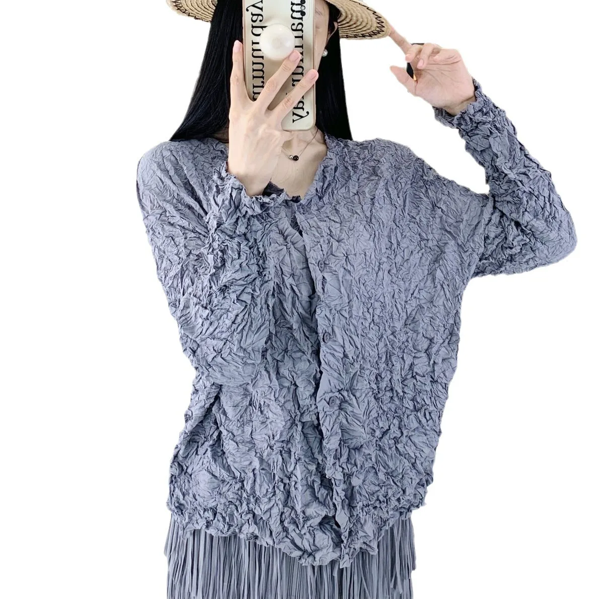 Miyake geplooide dames katoenen jas effen kleur single-breasted mode retro jas met lange mouwen herfst- en winterkleding