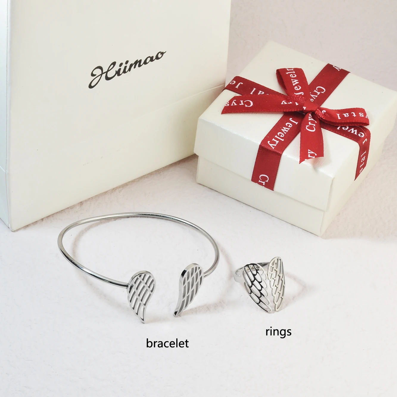 HIIMAO Fashion Stainless Steel Hollow Feather Ring Bracelet Set for Women's Jewelry Gifts HMS0002