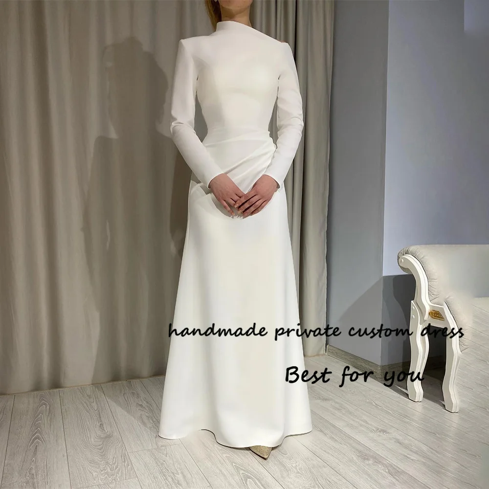 

Ivory Satin Mermaid Evening Dresses Long Sleeve High Neck Formal Prom Dress Arabian Dubai Occasion Party Gown Floor Length