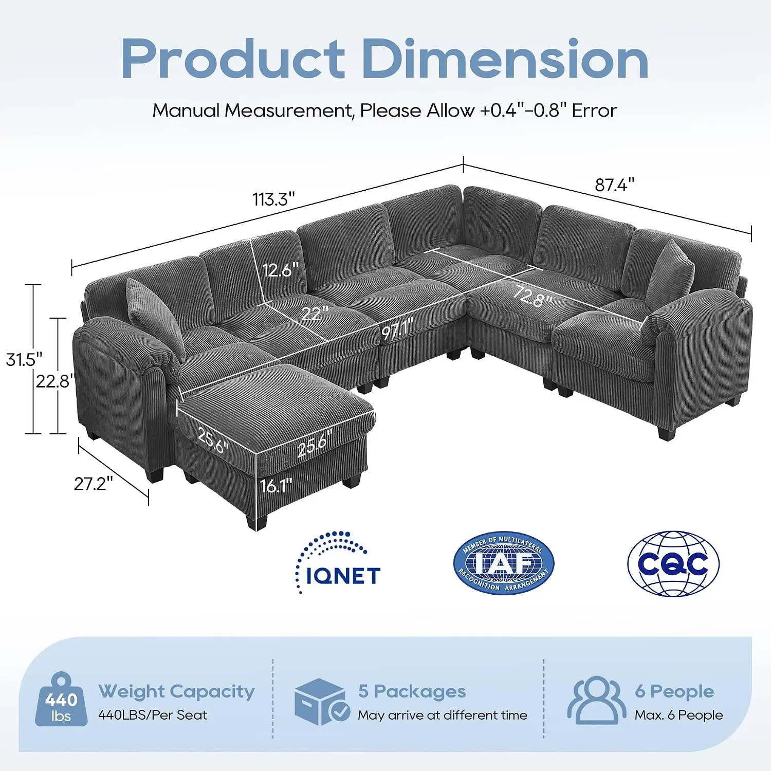 U-Shaped Sectional Sofa with Ottoman, Corduroy Modular Couch for Living Room, Deep Seat with 2 Pillows, Stitched Design, 7 Seate